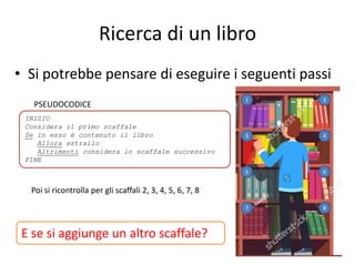 • Si potrebbe pensare di eseguire i seguenti passi
Ricerca di un libro
INIZIO
Considera il primo scaffale
Se in esso è contenuto il libro
Allora estrailo
Altrimenti considera lo scaffale successivo
FINE
PSEUDOCODICE
1 2
3 4
5
7 8
6
Poi si ricontrolla per gli scaffali 2, 3, 4, 5, 6, 7, 8
E se si aggiunge un altro scaffale?
 