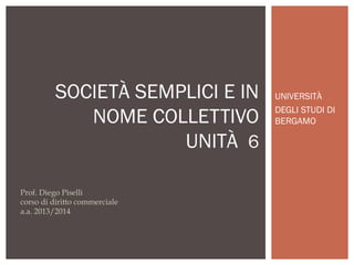 SOCIETÀ SEMPLICI E IN
NOME COLLETTIVO
UNITÀ 6
Prof. Diego Piselli
corso di diritto commerciale
a.a. 2013/2014

UNIVERSITÀ
DEGLI STUDI DI
BERGAMO

 