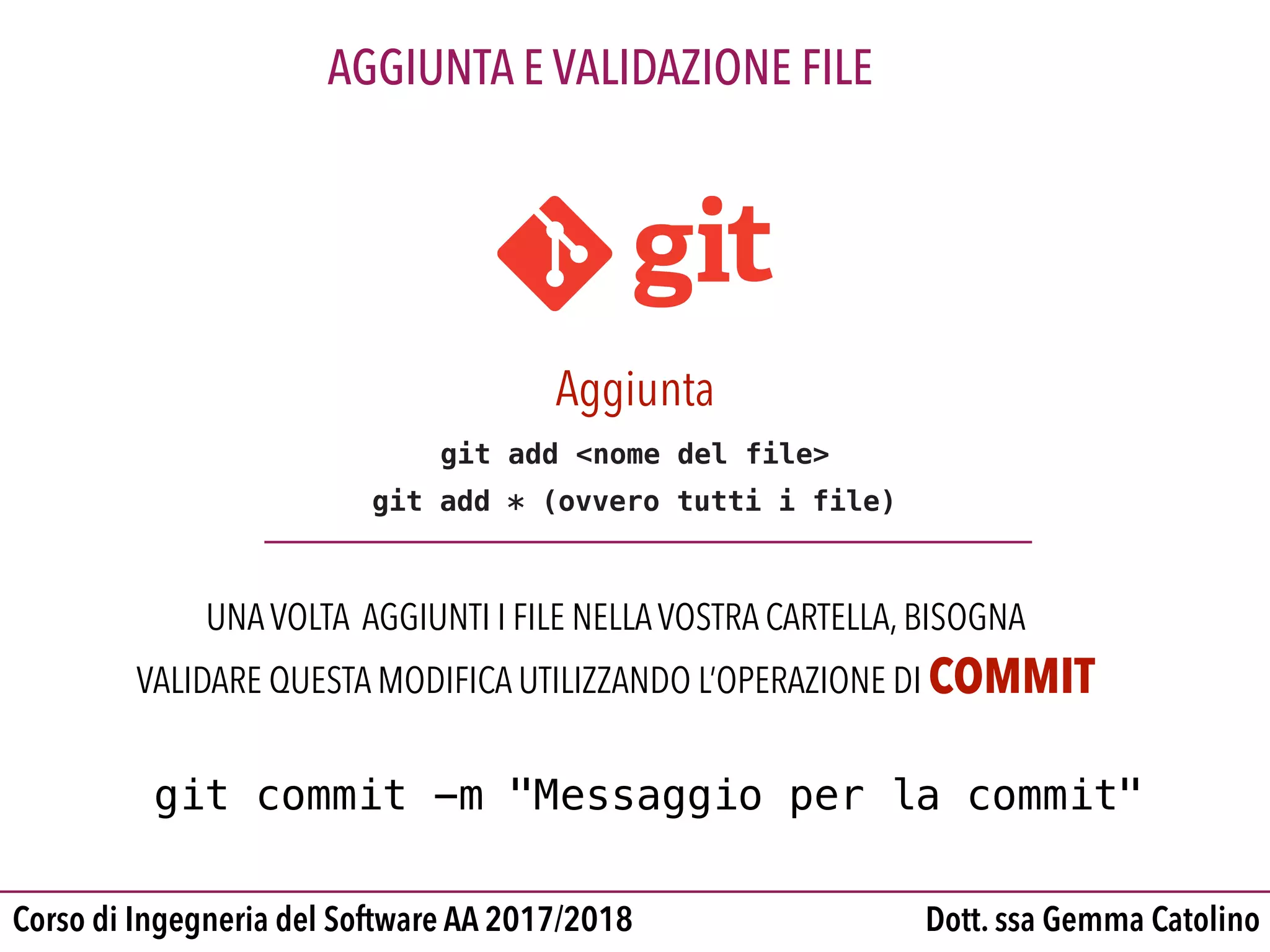 Dott. ssa Gemma CatolinoCorso di Ingegneria del Software AA 2017/2018
AGGIUNTA E VALIDAZIONE FILE
UNAVOLTA AGGIUNTI I FILE NELLAVOSTRA CARTELLA, BISOGNA
VALIDARE QUESTA MODIFICA UTILIZZANDO L’OPERAZIONE DI COMMIT
git commit -m "Messaggio per la commit"
Aggiunta
git add <nome del file>
git add * (ovvero tutti i file)
 