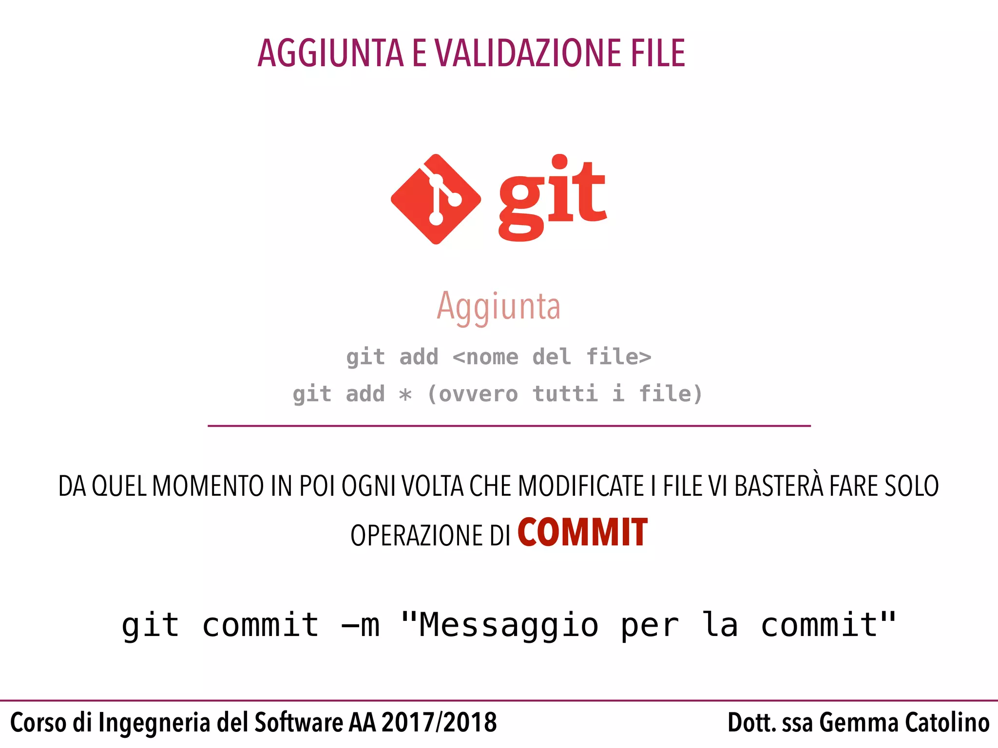 Dott. ssa Gemma CatolinoCorso di Ingegneria del Software AA 2017/2018
AGGIUNTA E VALIDAZIONE FILE
Aggiunta
git add <nome del file>
git add * (ovvero tutti i file)
DA QUEL MOMENTO IN POI OGNI VOLTA CHE MODIFICATE I FILE VI BASTERÀ FARE SOLO
OPERAZIONE DI COMMIT
git commit -m "Messaggio per la commit"
 