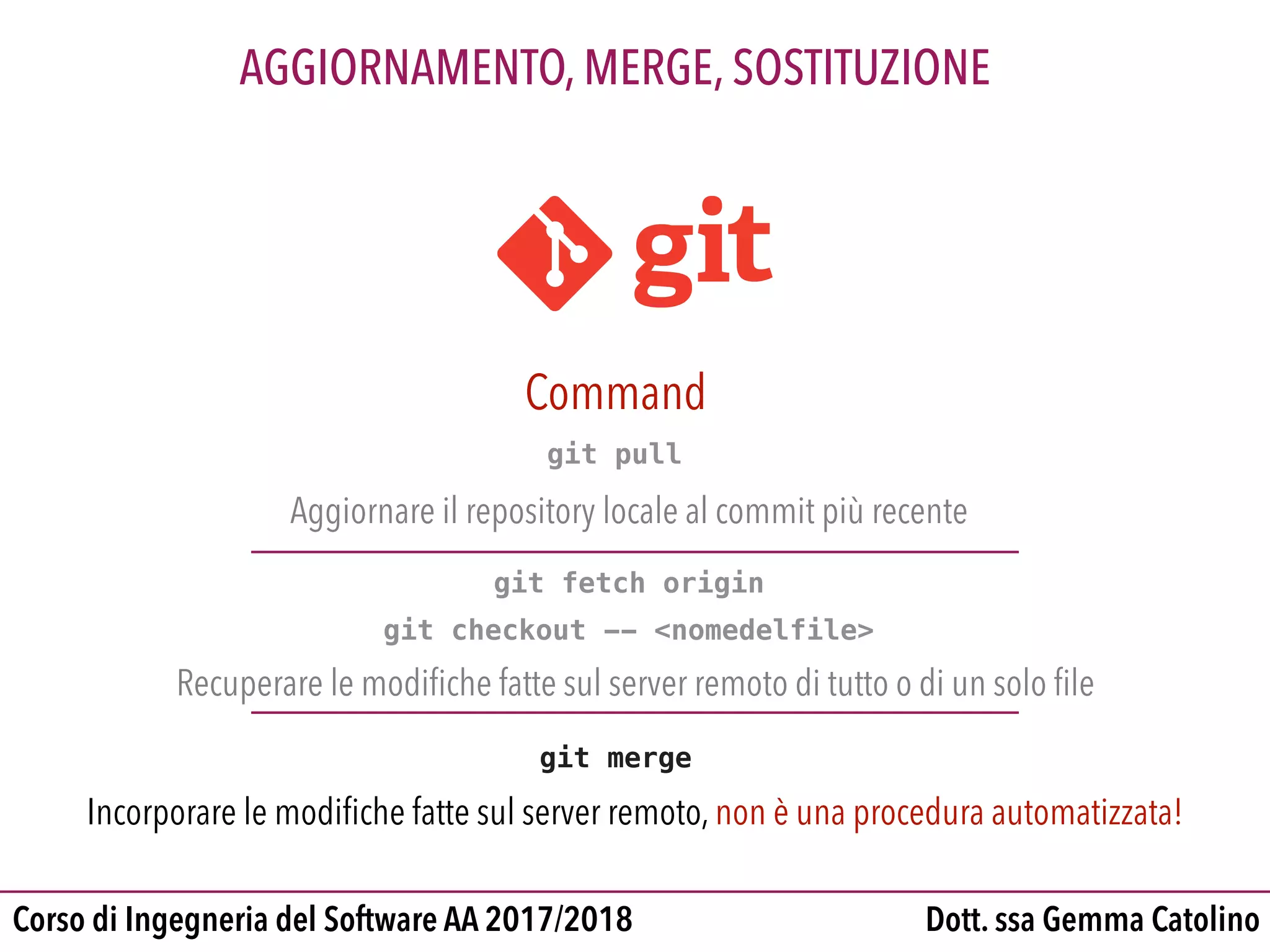 Dott. ssa Gemma CatolinoCorso di Ingegneria del Software AA 2017/2018
AGGIORNAMENTO, MERGE, SOSTITUZIONE
git merge
Incorporare le modiﬁche fatte sul server remoto, non è una procedura automatizzata!
Command
git pull
Aggiornare il repository locale al commit più recente
git fetch origin
git checkout -- <nomedelfile>
Recuperare le modiﬁche fatte sul server remoto di tutto o di un solo ﬁle
 