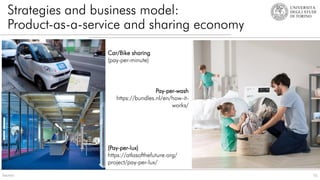 Strategies and business model:
Product-as-a-service and sharing economy
51
Source:
Pay-per-wash
https://bundles.nl/en/how-it-
works/
Car/Bike sharing
(pay-per-minute)
(Pay-per-lux)
https://atlasofthefuture.org/
project/pay-per-lux/
 