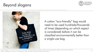 Beyond slogans
54
A cotton “eco-friendly” bag would
need to be used hundreds/thousands
of times (depending on which aspect
is considered) before it can be
classified environmentally better than
a single-use bag.
Source: Edwards, C., Fry, J.M., 2011. Life cycle assessment of supermarket carrier bags: a review of the bags available in 2006. Technical Report SC030148.
isinella, V., Albizzati, P.F., Astrup, T.F., Damgaard, A., 2018. Life cycle assessment of grocery carrier bags
 