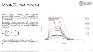 Input-Output models
65
Source: Cottafava, D., et al., 2022, Modelling economic losses and greenhouse gas emissions reduction during COVID-19 pandemic: past, present, and future scenarios for Italy,
Economic Modelling, Elsevier. https://doi.org/10.1016/j.econmod.2022.10580
Input Output models were originally
introduced by Leontief (1941) as a statistical
tools for macroeconomic analysis during the
II World War
Basically, they describe all economic
exchanges among all economic sectors in a
country through the technical coefficient
matrix A
A=
𝑎11 ⋯ 𝑎1𝑛
⋮ ⋱ ⋮
𝑎𝑛1 ⋯ 𝑎𝑛𝑛
where 𝑎𝑖𝑗 is the normalized economic
interchange between economic sector 𝑖 and
𝑗.
 