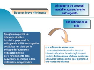 Dopo un breve riferimento
ci si soffermerà a vedere come
la raccolta di informazioni utili in vista di un
intervento educativo e la scelta degli strumenti
valutativi debbano essere effettuate in relazione
alle diverse tipologie di stile e per giungere ad
una valutazione dinamica
Spiegheremo perché un
intervento didattico
in cui ci si propone di far
sviluppare le abilità metacognitive
costituisce un aiuto per lo
sviluppo dell’autonomia
nell’apprendimento
per il rafforzamento della
convinzione di efficacia e della
motivazione ad apprendere
Spiegheremo perché un
intervento didattico
in cui ci si propone di far
sviluppare le abilità metacognitive
costituisce un aiuto per lo
sviluppo dell’autonomia
nell’apprendimento
per il rafforzamento della
convinzione di efficacia e della
motivazione ad apprendere
alla definizione di
stile
alla definizione di
stile
Al rapporto tra processi
mentali e apprendimento
autoregolato
Al rapporto tra processi
mentali e apprendimento
autoregolato
 