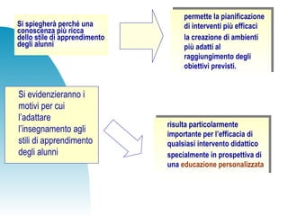 Si spiegherà perché una
conoscenza più ricca
dello stile di apprendimento
degli alunni
permette la pianificazione
di interventi più efficaci
la creazione di ambienti
più adatti al
raggiungimento degli
obiettivi previsti.
permette la pianificazione
di interventi più efficaci
la creazione di ambienti
più adatti al
raggiungimento degli
obiettivi previsti.
Si evidenzieranno i
motivi per cui
l’adattare
l’insegnamento agli
stili di apprendimento
degli alunni
risulta particolarmente
importante per l’efficacia di
qualsiasi intervento didattico
specialmente in prospettiva di
una educazione personalizzata
risulta particolarmente
importante per l’efficacia di
qualsiasi intervento didattico
specialmente in prospettiva di
una educazione personalizzata
 