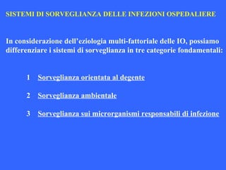 SISTEMI DI SORVEGLIANZA DELLE INFEZIONI OSPEDALIERE
In considerazione dell’eziologia multi-fattoriale delle IO, possiamo
differenziare i sistemi di sorveglianza in tre categorie fondamentali:
1 Sorveglianza orientata al degente
2 Sorveglianza ambientale
3 Sorveglianza sui microrganismi responsabili di infezione
 