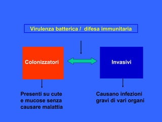 InvasiviColonizzatori Invasivi
Presenti su cute
e mucose senza
causare malattia
Causano infezioni
gravi di vari organi
Virulenza batterica / difesa immunitaria
 