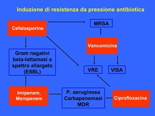 Cefalosporine
Gram negativi
beta-lattamasi a
spettro allargato
(ESBL)
Imipenem,
Meropenem
P. aeruginosa
Carbapenemasi
MDR
MRSA
Vancomicina
VRE VISA
Ciprofloxacina
Induzione di resistenza da pressione antibiotica
 