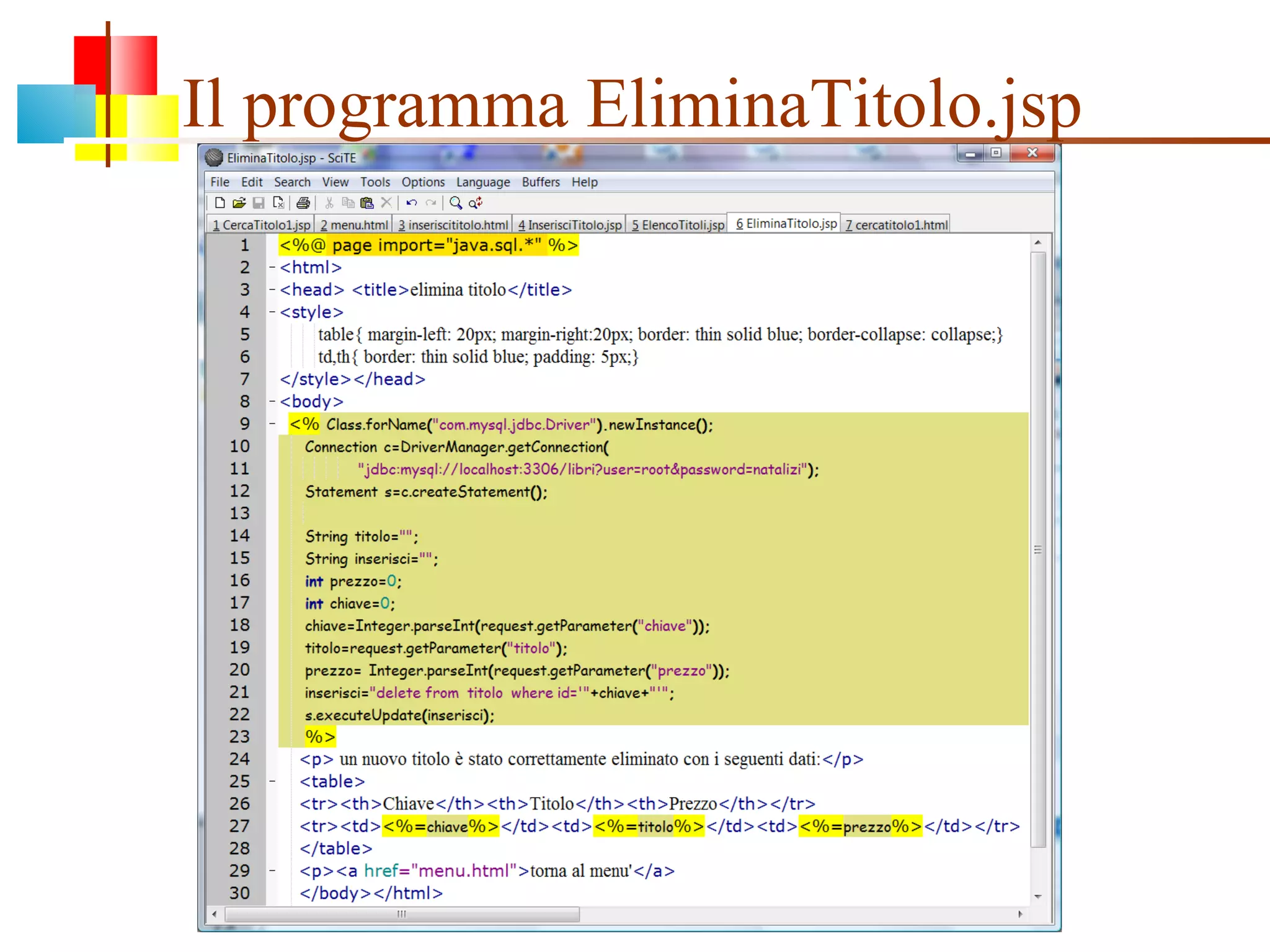 Il programma EliminaTitolo.jsp 