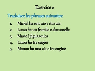 Exercice2
Traduisez les phrases suivantes:
1. Michel ha uno zio e due zie
2. Lucas ha un fratello e due sorelle
3. Marie è figlia unica
4. Laura ha tre cugini
5. Manon ha una zia e tre cugine
 