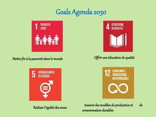 Goals Agenda 2030
Mettrefinà lapauvretédanslemonde Offriruneéducationde qualité
Réaliserl'égalitédessexes
Assurerdesmodèlesde productionet de
consommationdurables
 