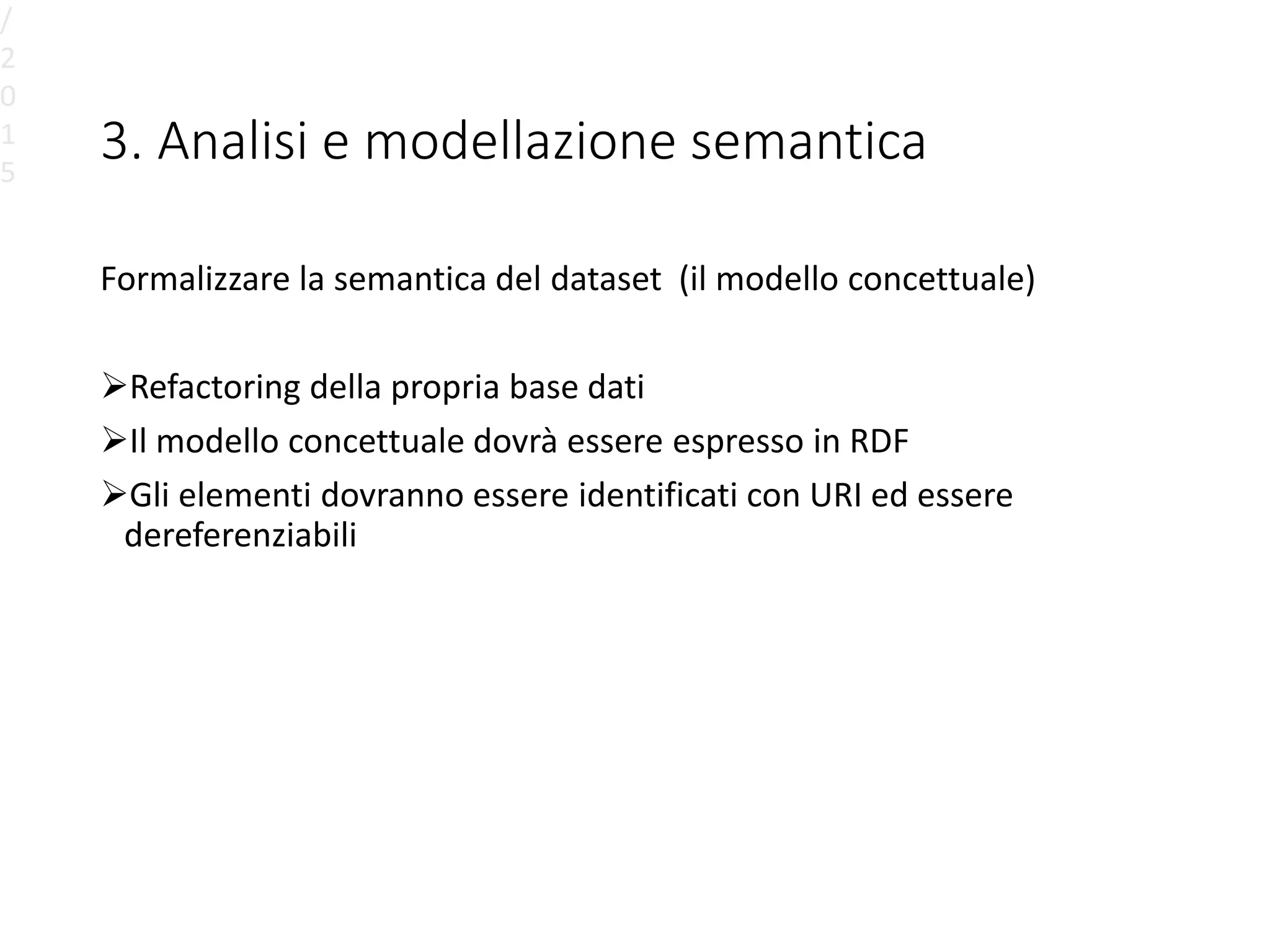 3. Analisi e modellazione semantica
Formalizzare la semantica del dataset (il modello concettuale)
Refactoring della propria base dati
Il modello concettuale dovrà essere espresso in RDF
Gli elementi dovranno essere identificati con URI ed essere
dereferenziabili
/
2
0
1
5
 