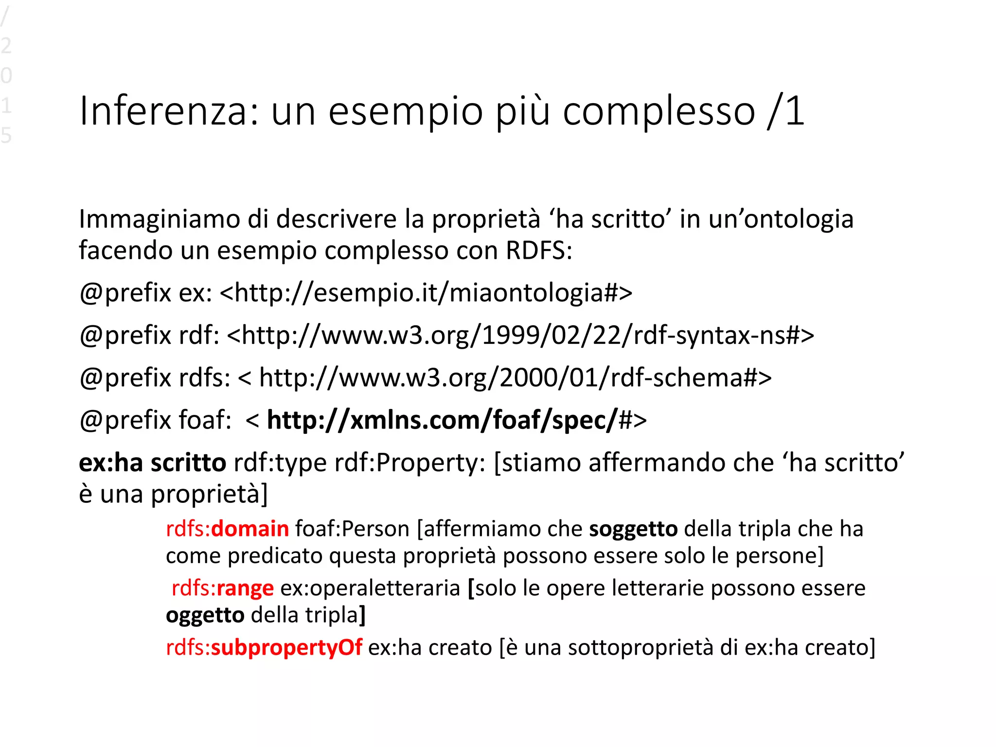 Inferenza: un esempio più complesso /1
Immaginiamo di descrivere la proprietà ‘ha scritto’ in un’ontologia
facendo un esempio complesso con RDFS:
@prefix ex: <http://esempio.it/miaontologia#>
@prefix rdf: <http://www.w3.org/1999/02/22/rdf-syntax-ns#>
@prefix rdfs: < http://www.w3.org/2000/01/rdf-schema#>
@prefix foaf: < http://xmlns.com/foaf/spec/#>
ex:ha scritto rdf:type rdf:Property: [stiamo affermando che ‘ha scritto’
è una proprietà]
rdfs:domain foaf:Person [affermiamo che soggetto della tripla che ha
come predicato questa proprietà possono essere solo le persone]
rdfs:range ex:operaletteraria [solo le opere letterarie possono essere
oggetto della tripla]
rdfs:subpropertyOf ex:ha creato [è una sottoproprietà di ex:ha creato]
/
2
0
1
5
 