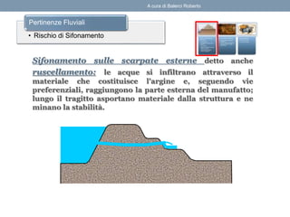 Sifonamento sulle scarpate esterne detto anche
ruscellamento: le acque si infiltrano attraverso il
materiale che costituisce l'argine e, seguendo vie
preferenziali, raggiungono la parte esterna del manufatto;
lungo il tragitto asportano materiale dalla struttura e ne
minano la stabilità.
• Rischio di Sifonamento
Pertinenze Fluviali
A cura di Balerci Roberto
 