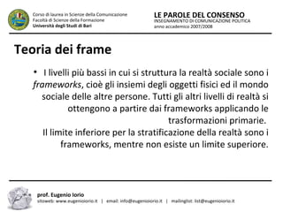 INSEGNAMENTO DI COMUNICAZIONE POLITICA
anno accademico 2007/2008
LE PAROLE DEL CONSENSOCorso di laurea in Scienze della Comunicazione
Facoltà di Scienze della Formazione
Università degli Studi di Bari
Teoria dei frame
●
I livelli più bassi in cui si struttura la realtà sociale sono i
frameworks, cioè gli insiemi degli oggetti fisici ed il mondo
sociale delle altre persone. Tutti gli altri livelli di realtà si
ottengono a partire dai frameworks applicando le
trasformazioni primarie.
Il limite inferiore per la stratificazione della realtà sono i
frameworks, mentre non esiste un limite superiore.
prof. Eugenio Iorio
sitoweb: www.eugenioiorio.it | email: info@eugenioiorio.it | mailinglist: list@eugenioiorio.it
 