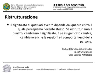 INSEGNAMENTO DI COMUNICAZIONE POLITICA
anno accademico 2007/2008
LE PAROLE DEL CONSENSOCorso di laurea in Scienze della Comunicazione
Facoltà di Scienze della Formazione
Università degli Studi di Bari
Ristrutturazione
● Il significato di qualsiasi evento dipende dal quadro entro il
quale percepiamo l’evento stesso. Se ristrutturiamo il
quadro, cambiamo il significato. E se il significato cambia,
cambiano anche le reazioni e i comportamenti della
persona.
Richard Bandler, John Grinder
La ristrutturazione
Casa Editrice Astrolabio
prof. Eugenio Iorio
sitoweb: www.eugenioiorio.it | email: info@eugenioiorio.it | mailinglist: list@eugenioiorio.it
 