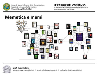 INSEGNAMENTO DI COMUNICAZIONE POLITICA
anno accademico 2007/2008
LE PAROLE DEL CONSENSOCorso di laurea in Scienze della Comunicazione
Facoltà di Scienze della Formazione
Università degli Studi di Bari
Memetica e memi
prof. Eugenio Iorio
sitoweb: www.eugenioiorio.it | email: info@eugenioiorio.it | mailinglist: list@eugenioiorio.it
 