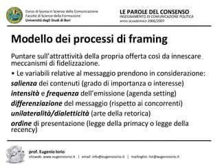Modello dei processi di framing Puntare sull’attrattività della propria offerta così da innescare meccanismi di fidelizzazione.  •  Le variabili relative al messaggio prendono in considerazione:  salienza  dei contenuti (grado di importanza o interesse)  intensità  e  frequenza  dell’emissione (agenda setting)  differenziazione  del messaggio (rispetto ai concorrenti)  unilateralità/dialetticità  (arte della retorica)  ordine  di presentazione (legge della primacy o legge della recency)  INSEGNAMENTO DI COMUNICAZIONE POLITICA anno accademico 2006/2007 LE PAROLE DEL CONSENSO Corso di laurea in Scienze della Comunicazione  Facoltà di Scienze della Formazione  Università degli Studi di Bari prof. Eugenio Iorio  sitoweb: www.eugenioiorio.it  |  email: info@eugenioiorio.it  |  mailinglist: list@eugenioiorio.it 