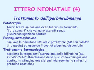 ITTERO NEONATALE (4)
Trattamento dell’iperbilirubinemia

Fototerapia
favorisce l’eliminazione della bilirubina formando
“fotoisomeri” che vengono escreti senza
glicuroconiugazione epatica
Exsanguinotrasfusione
rimuove la bilirubina attuale e potenziale (GR con ridotta
vita media) ed espande il pool di albumina disponibile
Trattamento farmacologico
accelera le tappe per l’escrezione della bilirubina (es.
Fenobarbital: stimolazione della glucurono-coniugazione
epatica → stimolazione sistemi microsomiali o sintesi di
proteine epatiche)

 