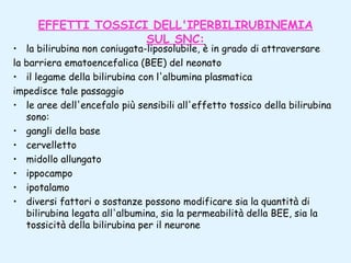 EFFETTI TOSSICI DELL'IPERBILIRUBINEMIA
SUL SNC:

• la bilirubina non coniugata-liposolubile, è in grado di attraversare
la barriera ematoencefalica (BEE) del neonato
• il legame della bilirubina con l'albumina plasmatica
impedisce tale passaggio
• le aree dell'encefalo più sensibili all'effetto tossico della bilirubina
sono:
• gangli della base
• cervelletto
• midollo allungato
• ippocampo
• ipotalamo
• diversi fattori o sostanze possono modificare sia la quantità di
bilirubina legata all'albumina, sia la permeabilità della BEE, sia la
tossicità della bilirubina per il neurone

 