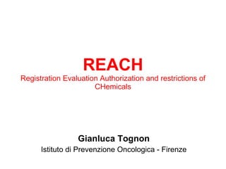 REACH Registration Evaluation Authorization and restrictions of CHemicals Gianluca Tognon Istituto di Prevenzione Oncologica - Firenze 