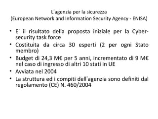 L’agenzia per la sicurezza
(European Network and Information Security Agency - ENISA)

• E’ il risultato della proposta iniziale per la Cyber-
  security task force
• Costituita da circa 30 esperti (2 per ogni Stato
  membro)
• Budget di 24,3 M€ per 5 anni, incrementato di 9 M€
  nel caso di ingresso di altri 10 stati in UE
• Avviata nel 2004
• La struttura ed i compiti dell’agenzia sono definiti dal
  regolamento (CE) N. 460/2004
 