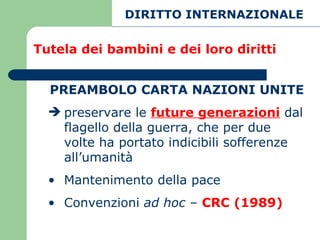 Tutela dei bambini e dei loro diritti PREAMBOLO CARTA NAZIONI UNITE preservare le  future generazioni  dal flagello della guerra, che per due volte ha portato indicibili sofferenze all’umanità Mantenimento della pace Convenzioni  ad hoc –  CRC (1989) DIRITTO INTERNAZIONALE 