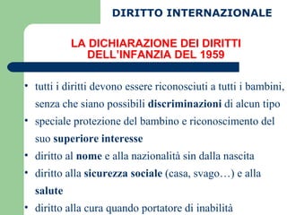 LA DICHIARAZIONE DEI DIRITTI DELL’INFANZIA DEL 1959 tutti i diritti devono essere riconosciuti a tutti i bambini, senza che siano possibili  discriminazioni  di alcun tipo speciale protezione del bambino e riconoscimento del suo  superiore interesse diritto al  nome  e alla nazionalità sin dalla nascita diritto alla  sicurezza sociale  (casa, svago…) e alla  salute diritto alla cura quando portatore di inabilità  DIRITTO INTERNAZIONALE 