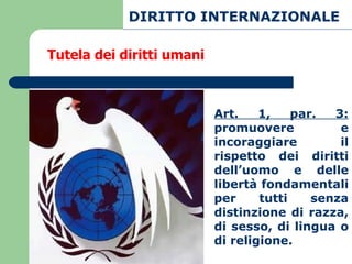 Tutela dei diritti umani DIRITTO INTERNAZIONALE Art. 1, par. 3:  promuovere e incoraggiare il rispetto dei diritti dell’uomo e delle libertà fondamentali per tutti senza distinzione di razza, di sesso, di lingua o di religione.   