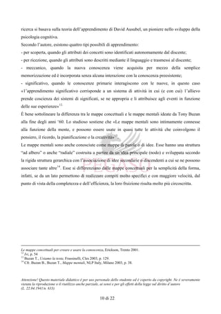Attenzione! Questo materiale didattico è per uso personale dello studente ed è coperto da copyright. Ne è severamente
vietata la riproduzione o il riutilizzo anche parziale, ai sensi e per gli effetti della legge sul diritto d’autore
(L. 22.04.1941/n. 633)
10 di 22
ricerca si basava sulla teoria dell’apprendimento di David Ausubel, un pioniere nello sviluppo della
psicologia cognitiva.
Secondo l’autore, esistono quattro tipi possibili di apprendimento:
- per scoperta, quando gli attributi dei concetti sono identificati autonomamente dal discente;
- per ricezione, quando gli attributi sono descritti mediante il linguaggio e trasmessi al discente;
- meccanico, quando la nuova conoscenza viene acquisita per mezzo della semplice
memorizzazione ed è incorporata senza alcuna interazione con la conoscenza preesistente;
- significativo, quando le conoscenze primarie interagiscono con le nuove, in questo caso
«1’apprendimento significativo corrisponde a un sistema di attività in cui (e con cui) 1’allievo
prende coscienza dei sistemi di significati, se ne appropria e li attribuisce agli eventi in funzione
delle sue esperienze»12.
È bene sottolineare la differenza tra le mappe concettuali e le mappe mentali ideate da Tony Buzan
alla fine degli anni ‘60. Lo studioso sostiene che «Le mappe mentali sono intimamente connesse
alla funzione della mente, e possono essere usate in quasi tutte le attività che coinvolgono il
pensiero, il ricordo, la pianificazione o la creatività»13
.
Le mappe mentali sono anche conosciute come mappe di parole o di idee. Esse hanno una struttura
“ad albero” o anche “radiale” costruita a partire da un’idea principale (nodo) e sviluppata secondo
la rigida struttura gerarchica con l’associazione di idee secondarie o discendenti a cui se ne possono
associare tante altre14
. Esse si differenziano dalle mappe concettuali per la semplicità della forma,
infatti, se da un lato permettono di realizzare compiti molto specifici e con maggiore velocità, dal
punto di vista della completezza e dell’efficienza, la loro fruizione risulta molto più circoscritta.
Le mappe concettuali per creare e usare la conoscenza, Erickson, Trento 2001.
12
Ivi, p. 54
13
Buzan T., Usiamo la testa, Frassinelli, Cles 2003, p. 129.
14
Cfr. Buzan B., Buzan T., Mappe mentali, NLP Italy, Milano 2003, p. 38.
 