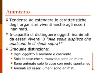 Animismo
 Tendenza ad estendere le caratteristiche
degli organismi viventi anche agli esseri
inanimati.
 Incapacità di distinguere oggetti inanimati
da esseri viventi  “Alla sedia dispiace che
qualcuno le si sieda sopra?”
 Graduale distinzione:
 Ogni oggetto è animato e cosciente
 Solo le cose che si muovono sono animate
 Sono animate solo le cose con moto spontaneo
 Animali ed esseri umani sono animati
 