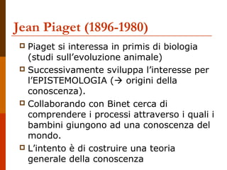 Jean Piaget (1896-1980)
Piaget si interessa in primis di biologia
(studi sull’evoluzione animale)
 Successivamente sviluppa l’interesse per
l’EPISTEMOLOGIA ( origini della
conoscenza).
 Collaborando con Binet cerca di
comprendere i processi attraverso i quali i
bambini giungono ad una conoscenza del
mondo.
 L’intento è di costruire una teoria
generale della conoscenza


 