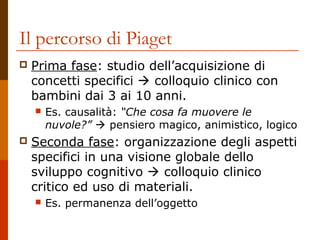 Il percorso di Piaget


Prima fase: studio dell’acquisizione di
concetti specifici  colloquio clinico con
bambini dai 3 ai 10 anni.




Es. causalità: “Che cosa fa muovere le
nuvole?”  pensiero magico, animistico, logico

Seconda fase: organizzazione degli aspetti
specifici in una visione globale dello
sviluppo cognitivo  colloquio clinico
critico ed uso di materiali.


Es. permanenza dell’oggetto

 
