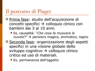 Il percorso di Piaget


Prima fase: studio dell’acquisizione di
concetti specifici  colloquio clinico con
bambini dai 3 ai 10 anni.




Es. causalità: “Che cosa fa muovere le
nuvole?”  pensiero magico, animistico, logico

Seconda fase: organizzazione degli aspetti
specifici in una visione globale dello
sviluppo cognitivo  colloquio clinico
critico ed uso di materiali.


Es. permanenza dell’oggetto

 