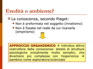 Eredità o ambiente?


La conoscenza, secondo Piaget:



Non è preformata nel soggetto (innatismo)
Non è fissata nel reale da cui ricavarla
(empirismo)

APPROCCIO ORGANISMICO  individuo attivo
costruttore della conoscenza: dotato di strutture
psicologiche inizialmente molto semplici, che
diventano più complesse con l’esperienza 
bambino come esploratore/scienziato

 