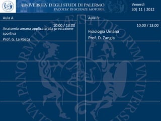 Venerdì
                                                                30| 11 | 2012

Aula A                                       Aula B
                             10:00 / 13:00                        10:00 / 13:00
Anatomia umana applicata alla prestazione
sportiva                                     Fisiologia Umana
Prof. G. La Rocca                            Prof. D. Zangla
 