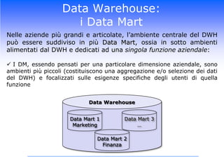 Data Warehouse vs. Database OperazionaliI Database Operazionali (o Transazionali) sono ambienti..Orientati ai singoli processi aziendali