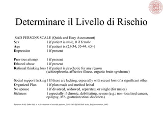 Determinare il Livello di Rischio
SAD PERSONS SCALE (Quick and Easy Assessment)
Sex 1 if patient is male, 0 if female
Age 1 if patient is (25-34; 35-44; 65+)
Depression 1 if present
Previous attempt 1 if present
Ethanol abuse 1 if present
Rational thinking loss 1 if patient is psychotic for any reason
(schizophrenia, affective illness, organic brain syndrome)
Social support lacking1 If these are lacking, especially with recent loss of a significant other
Organized Plan 1 if plan made and method lethal
No spouse 1 if divorced, widowed, separated, or single (for males)
Sickness 1 especially if chronic, debilitating, severe (e.g.; non-localized cancer,
epilepsy, MS, gastrointestinal disorders)
Patterson WM, Dohn HH, et al: Evaluation of suicidal patients, THE SAD PERSONS Scale, Psychosomatics, 1983
 
