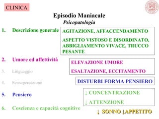 Episodio Maniacale
Psicopatologia
1. Descrizione generale
2. Umore ed affettività
3. Linguaggio
4. Sensopercezione
5. Pensiero
6. Coscienza e capacità cognitive
CLINICA
DISTURBI FORMA PENSIERO
ELEVAZIONE UMORE
ESALTAZIONE, ECCITAMENTO
AGITAZIONE, AFFACCENDAMENTO
ASPETTO VISTOSO E DISORDINATO,
ABBIGLIAMENTO VIVACE, TRUCCO
PESANTE
↓ CONCENTRAZIONE
↓ ATTENZIONE
↓↓ SONNO ↓APPETITOSONNO ↓APPETITO
 