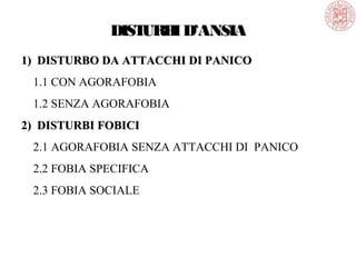 DISTURBID’ANSIADISTURBID’ANSIA
1) DISTURBO DA ATTACCHI DI PANICO1) DISTURBO DA ATTACCHI DI PANICO
1.1 CON AGORAFOBIA
1.2 SENZA AGORAFOBIA
2) DISTURBI FOBICI2) DISTURBI FOBICI
2.1 AGORAFOBIA SENZA ATTACCHI DI PANICO
2.2 FOBIA SPECIFICA
2.3 FOBIA SOCIALE
 