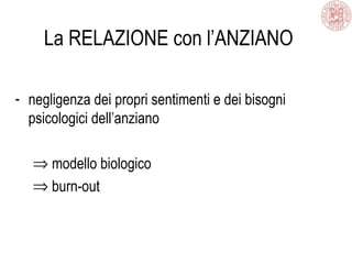 La RELAZIONE con l’ANZIANO
- negligenza dei propri sentimenti e dei bisogni
psicologici dell’anziano
⇒ modello biologico
⇒ burn-out
 