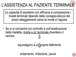 L’ASSISTENZA AL PAZIENTE TERMINALE
La capacità di assistere con efficacia e compassione i
malati terminali dipende dalla consapevolezza dei
propri atteggiamenti verso la morte e l’agonia
• Se ci si concentra sul controllo e sull’eradicazione
della malattia, morte e pz terminale diventano il
nemico.
equivalgono a un proprio fallimento
evitamento, irritazione, paura
 
