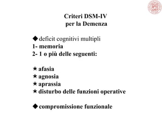 Criteri DSM-IV
per la Demenza
deficit cognitivi multipli
1- memoria
2- 1 o più delle seguenti:
afasia
agnosia
aprassia
disturbo delle funzioni operative
compromissione funzionale
 