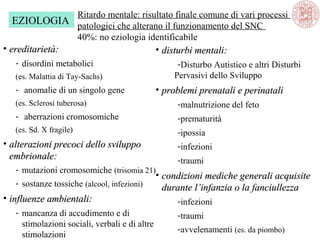 • ereditarietà:ereditarietà:
- disordini metabolici
(es. Malattia di Tay-Sachs)
- anomalie di un singolo gene
(es. Sclerosi tuberosa)
- aberrazioni cromosomiche
(es. Sd. X fragile)
• alterazioni precoci dello sviluppoalterazioni precoci dello sviluppo
embrionale:embrionale:
- mutazioni cromosomiche (trisomia 21)
- sostanze tossiche (alcool, infezioni)
• influenze ambientali:influenze ambientali:
- mancanza di accudimento e di
stimolazioni sociali, verbali e di altre
stimolazioni
Ritardo mentale: risultato finale comune di vari processi
patologici che alterano il funzionamento del SNC
40%: no eziologia identificabile
EZIOLOGIA
• disturbi mentali:disturbi mentali:
-Disturbo Autistico e altri Disturbi
Pervasivi dello Sviluppo
• problemi prenatali e perinataliproblemi prenatali e perinatali
-malnutrizione del feto
-prematurità
-ipossia
-infezioni
-traumi
• condizioni mediche generali acquisitecondizioni mediche generali acquisite
durante l’infanzia o la fanciullezzadurante l’infanzia o la fanciullezza
-infezioni
-traumi
-avvelenamenti (es. da piombo)
 