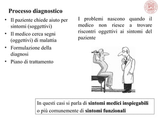 Processo diagnostico
• Il paziente chiede aiuto per
sintomi (soggettivi)
• Il medico cerca segni
(oggettivi) di malattia
• Formulazione della
diagnosi
• Piano di trattamento
I problemi nascono quando il
medico non riesce a trovare
riscontri oggettivi ai sintomi del
paziente
In questi casi si parla di sintomi medici inspiegabilisintomi medici inspiegabili
o più comunemente di sintomi funzionalisintomi funzionali
 