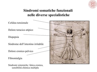 Sindromi somatiche funzionali
nelle diverse specialistiche
Cefalea tensionale
Dolore toracico atipico
Dispepsia
Sindrome dell’intestino irritabile
Dolore cronico pelvico
Fibromialgia
Sindromi sistemiche: fatica cronica,
sensibilità chimica multipla
 