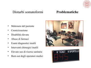 Disturbi somatoformi Problematiche
• Malessere del paziente
• Cronicizzazione
• Disabilità elevata
• Abuso di farmaci
• Esami diagnostici inutili
• Interventi chirurgici inutili
• Elevato uso di risorse sanitarie
• Burn out degli operatori medici
 