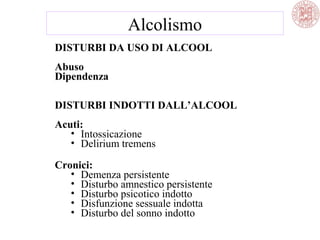 DISTURBI DA USO DI ALCOOL
Abuso
Dipendenza
DISTURBI INDOTTI DALL’ALCOOL
Acuti:
• Intossicazione
• Delirium tremens
Cronici:
• Demenza persistente
• Disturbo amnestico persistente
• Disturbo psicotico indotto
• Disfunzione sessuale indotta
• Disturbo del sonno indotto
Alcolismo
 