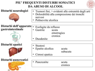 Disturbi neurologici
Disturbi dell’apparato
gastrointestinale
Disturbi epatici
Disturbi pancreatici
PIU’ FREQUENTI DISTURBI SOMATICI
DA ABUSO DI ALCOOL
• Tremori fini, > evidenti alle estremità degli arti
• Dolorabilità alla compressione dei tronchi
nervosi
• Polinevrite alcolica
• Esofagite da reflusso
• Gastrite acuta
emorragica
cronica
• Duodenite
• Steatosi
• Epatite alcolica acuta
subacuta
• Cirrosi epatica
• Pancreatite acuta
cronica
 